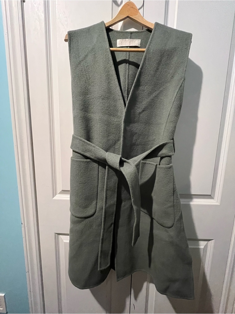 Anivee F. Green Longline Belted Wool Blend Vest Coat